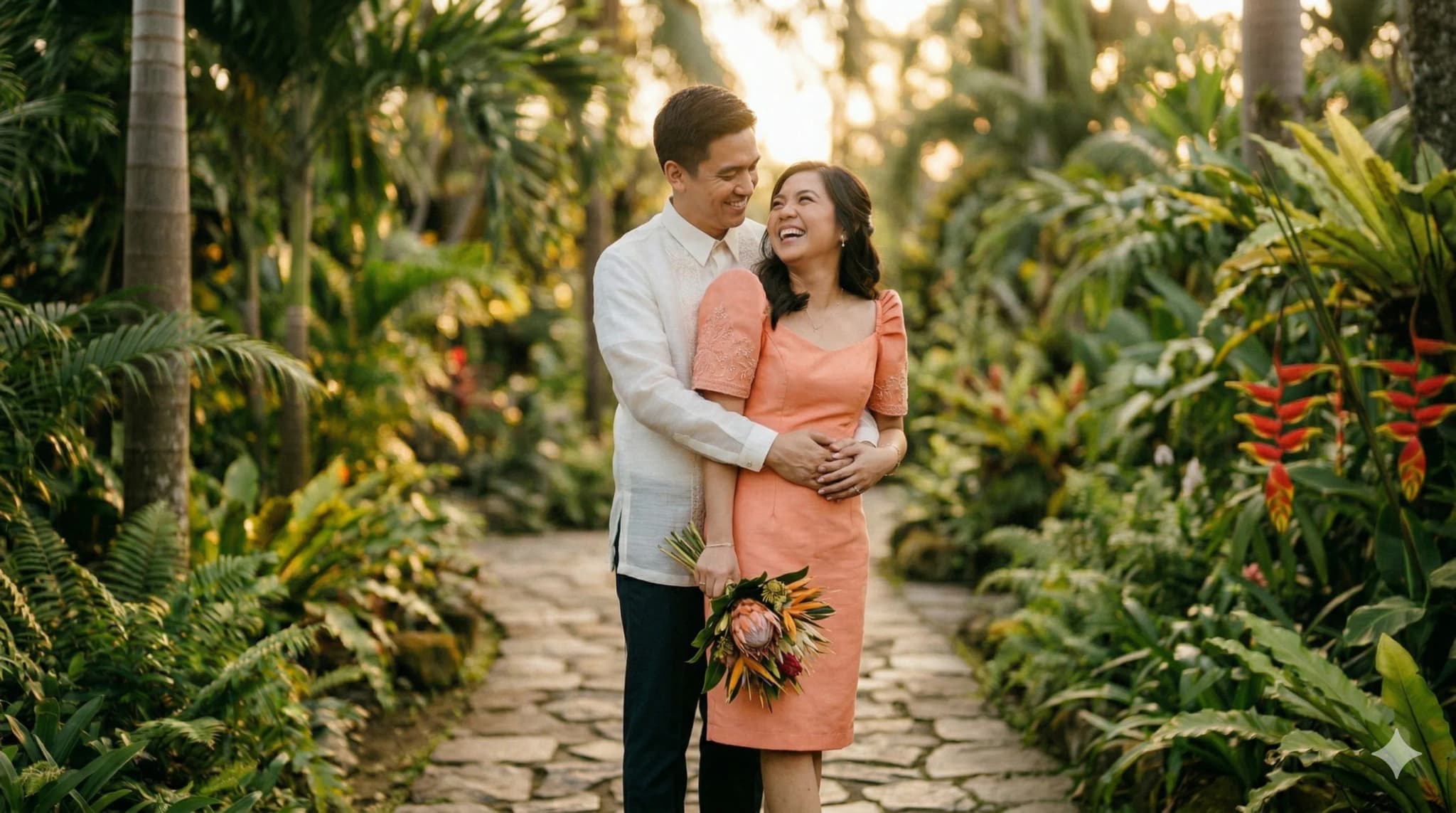 A Filipino couple embracing at golden hour in barong and Filipiniana