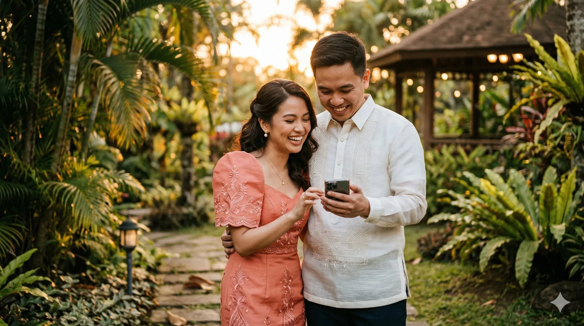 A Filipino couple looking at their wedding website together on a phone