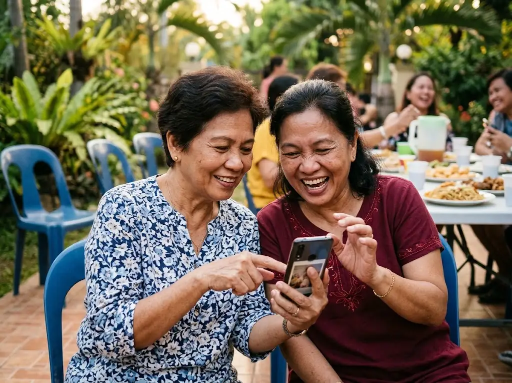 Two Filipino titas laughing over a shared phone at a family gathering, one pointing at the screen
