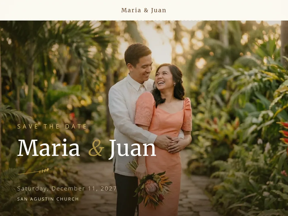 The Bukid template — Warm countryside charm. Earth tones with mustard gold and olive green — rustic barn warmth.