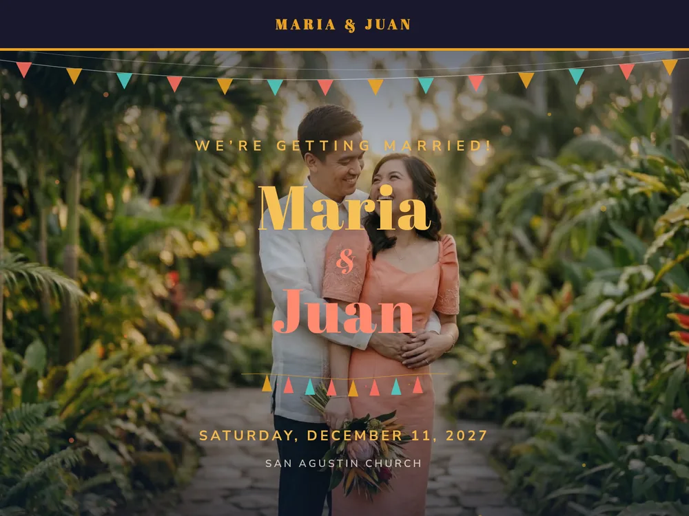 The Fiesta template — Vibrant festival joy. Bold coral, teal, and marigold gold — pure Filipino celebration.