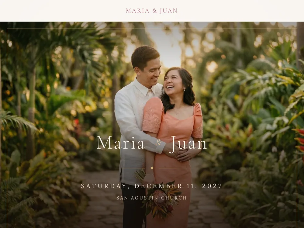 The Harana template — Candlelight tones with gold foil accents. Warm, classic, and deeply romantic — like a hand-pressed invitation.