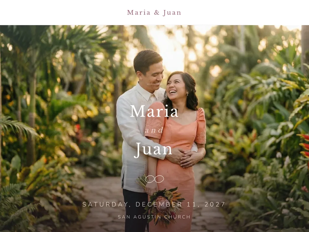 The Magpakailanman template — Timeless and airy. Whisper-soft pink with sage accents, generous whitespace, and dreamy film grain.