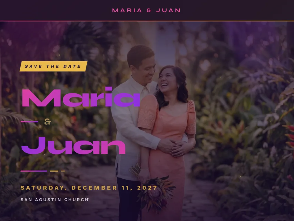 The Sayaw template — Dynamic and energetic. Bold magenta gradients with electric violet and gold — dance floor energy.